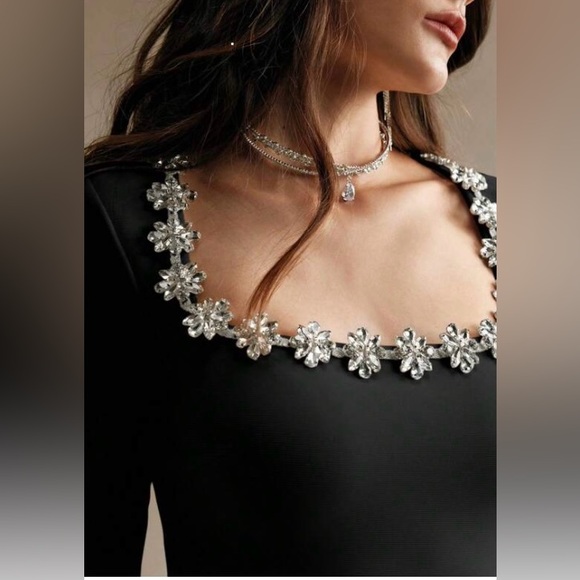 Viral embellished elegant square neck black dress - Picture 7 of 15